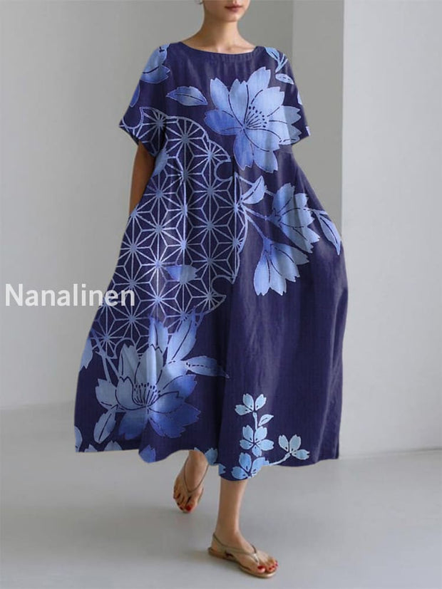 Women’s Elegant Casual Cherry Blossom Art Printed Short Sleeve Dress Navy Blue / S