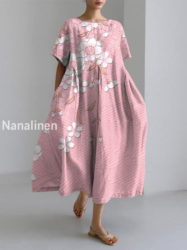 Women’s Elegant Casual Cherry Blossom Art Printed Short Sleeve Dress Pink / S