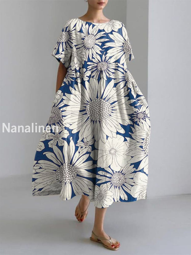 Women’s Elegant Casual Flower Art Printed Short Sleeve Dress Blue / S