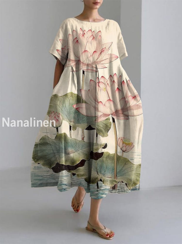 Women’s Elegant Casual Lotus Art Printed Short Sleeve Dress Apricot / S