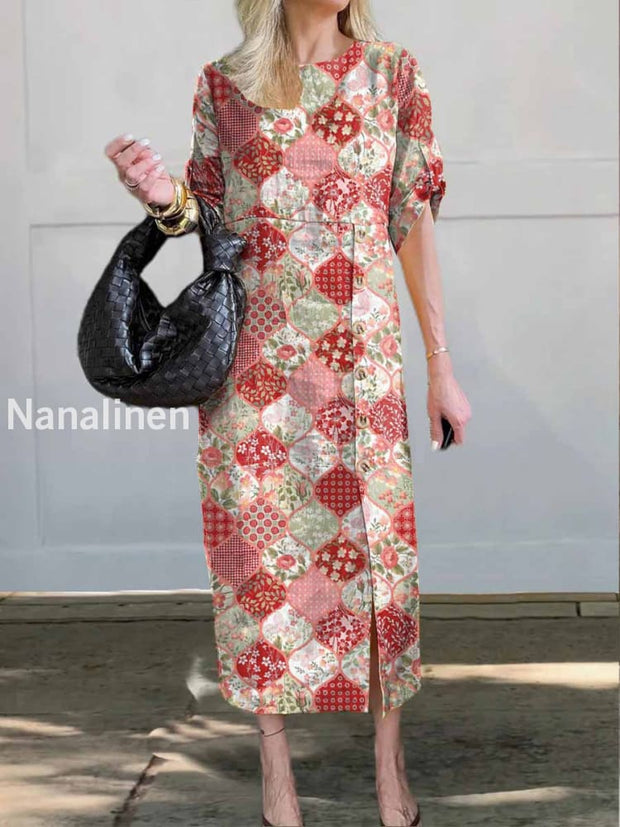 Women’s Elegant Vintage Print Round Neck Button Casual Dress Colorful / S