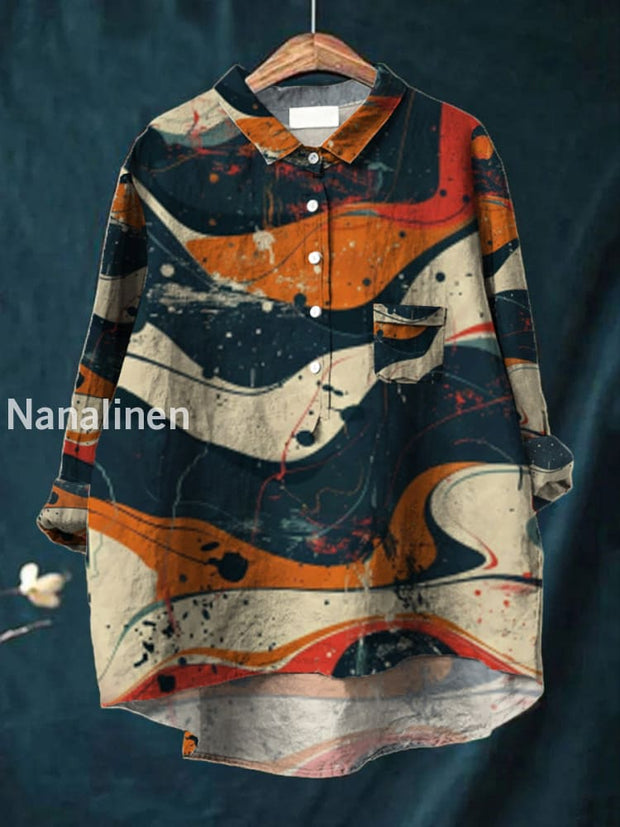 Women’s Fashion Elegant Abstract Color Art Print Long Sleeve V Neck Button Pocket Shirt Tops A / S