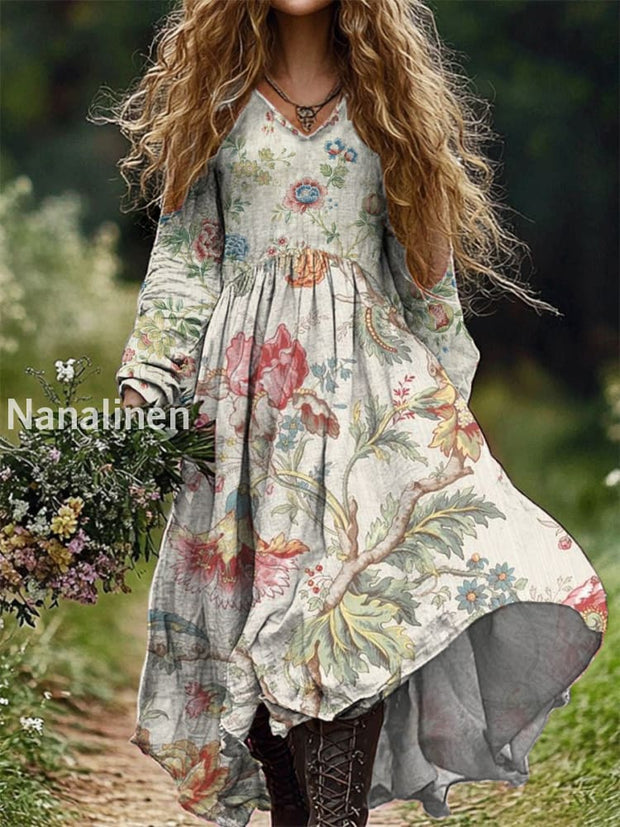 Women’s Fashion Elegant Art Floral Print V-Neck Long Sleeve Long Dress A / S