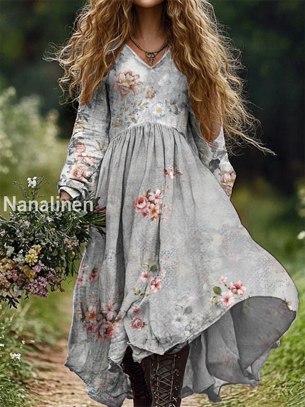 Women’s Fashion Elegant Art Floral Print V-Neck Long Sleeve Long Dress A / S