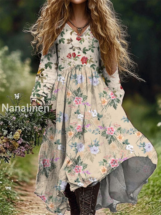 Women’s Fashion Elegant Art Floral Print V-Neck Long Sleeve Maxi Dress A / S