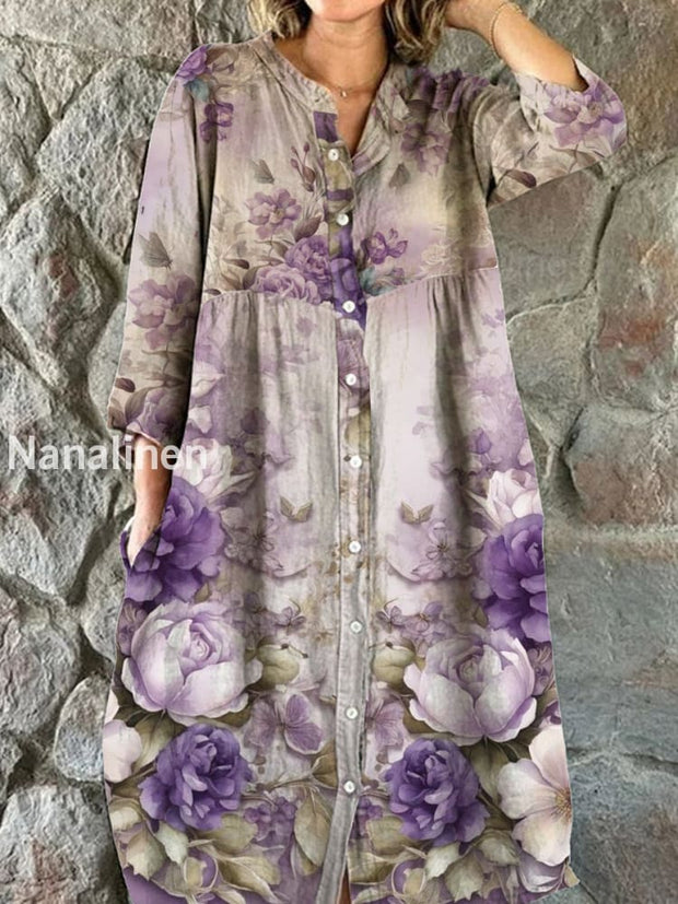 Women’s Fashion Elegant Art Floral Print V-Neck Three-Quarter Sleeve Button Midi Dress A / S