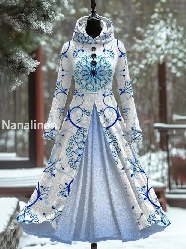 Women’s Fashion Elegant Art Print Long Sleeve Hooded Button Fake Two Piece Thick Dress A / S