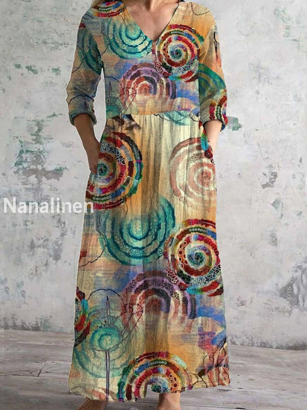 Women’s Fashion Elegant Art Print Three Quarter Sleeve V Neck Maxi Dress A / S