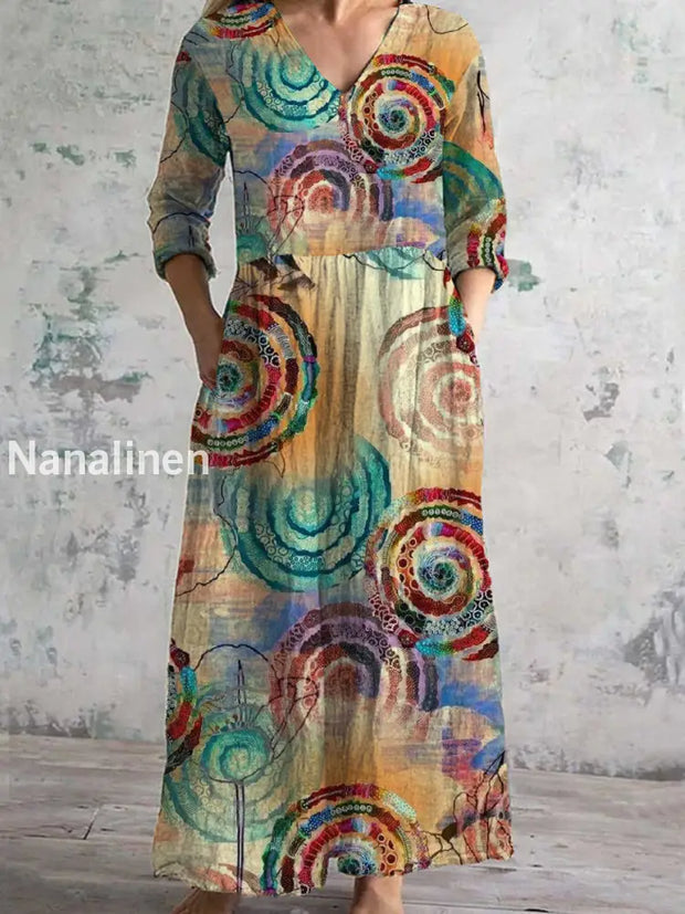 Women’s Fashion Elegant Art Print Three Quarter Sleeve V Neck Maxi Dress A / S