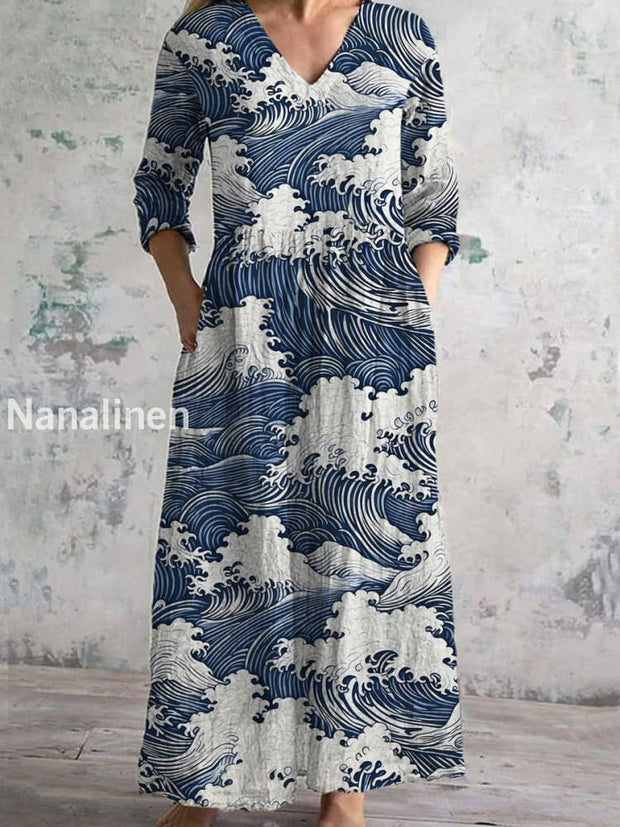 Women’s Fashion Elegant Art Print V-Neck Long Sleeve Maxi Dress A / S