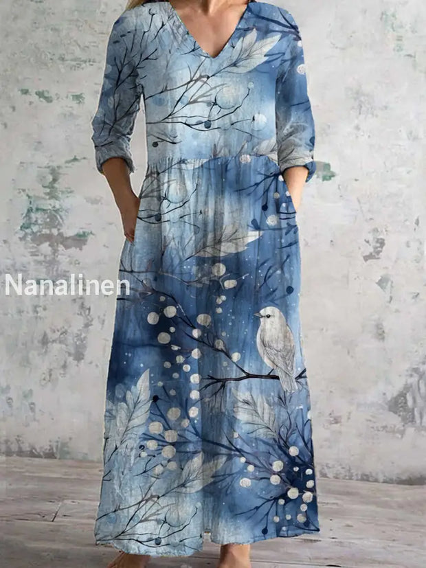 Women’s Fashion Elegant Art Print V-Neck Three Quarter Sleeves Long Dress A / S