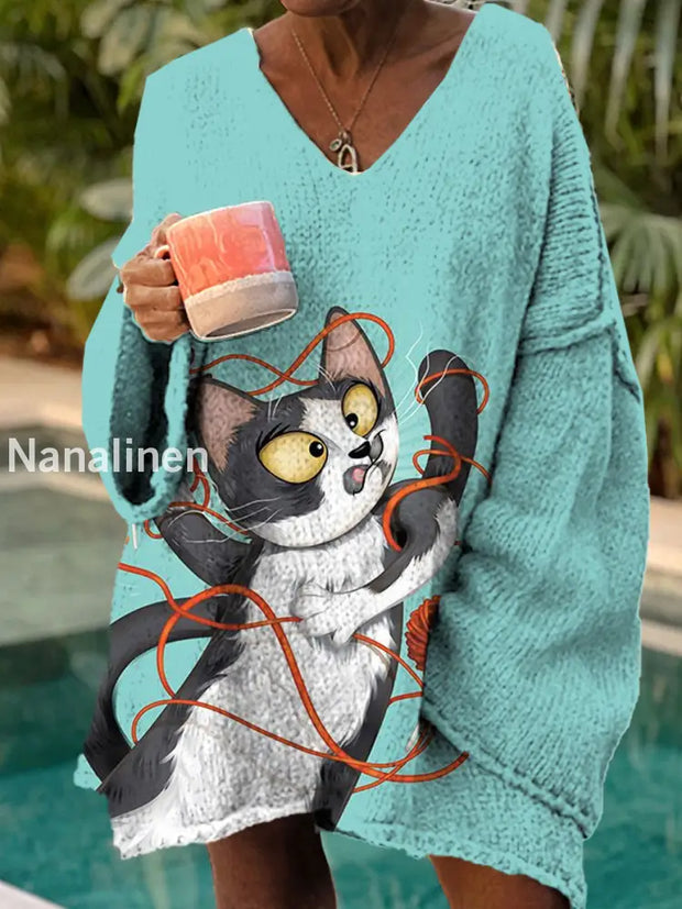 Women’s Fashion Elegant Artistic Cat Print V-Neck Long Sleeve Sweater A / S