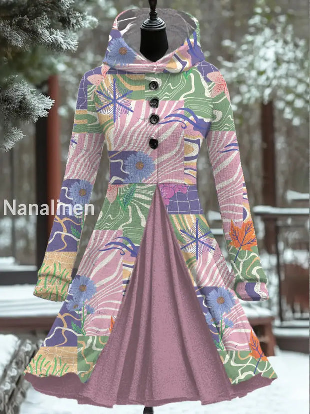 Women’s Fashion Elegant Artistic Floral Print Long Sleeve Hooded Button Fake Two Piece Mini Dress