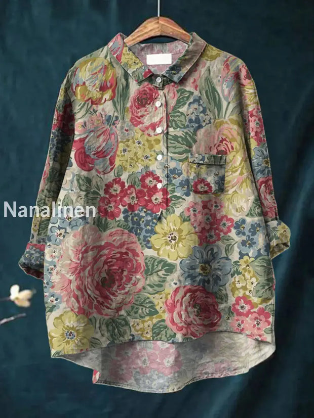 Women’s Fashion Elegant Artistic Floral Print Long Sleeve V-Neck Button Pocket Shirt Tops A / S