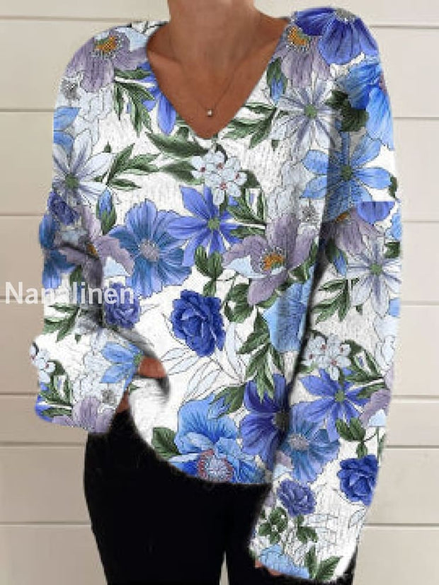 Women’s Fashion Elegant Artistic Floral Print Long Sleeve V Neck Knitted Sweater A / S