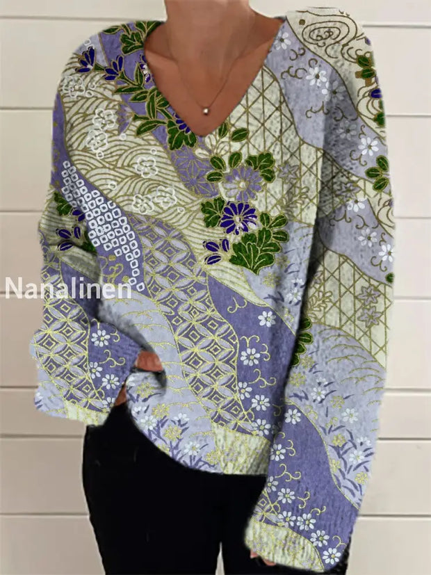 Women’s Fashion Elegant Artistic Floral Print Long Sleeve V Neck Sweater A / S