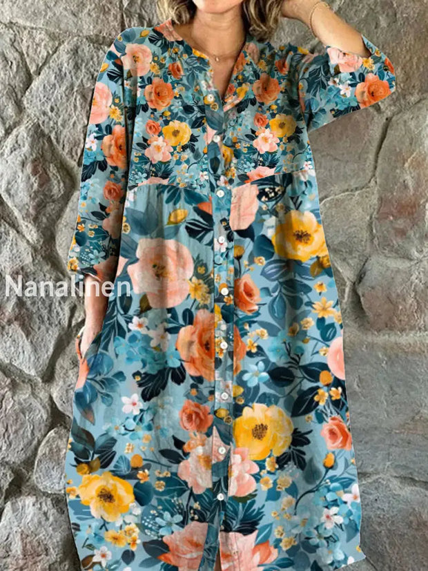 Women’s Fashion Elegant Artistic Floral Print Three Quarter Sleeve Button V Neck Midi Dress A / S