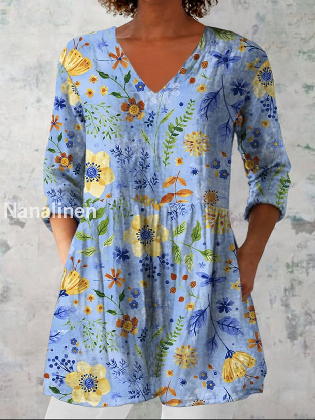 Women’s Fashion Elegant Artistic Floral Print Three Quarter Sleeve V Neck Top A / S