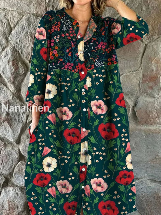 Women’s Fashion Elegant Artistic Floral Print Three Quarter Sleeves V Neck Button Midi Dress A / S