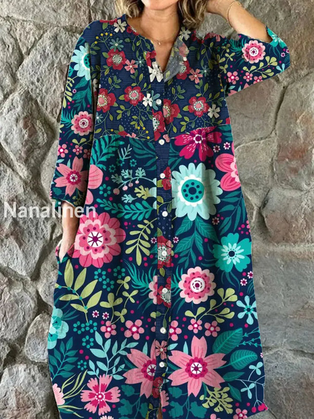 Women’s Fashion Elegant Artistic Floral Print Three Quarter Sleeves V Neck Button Midi Dress A / S