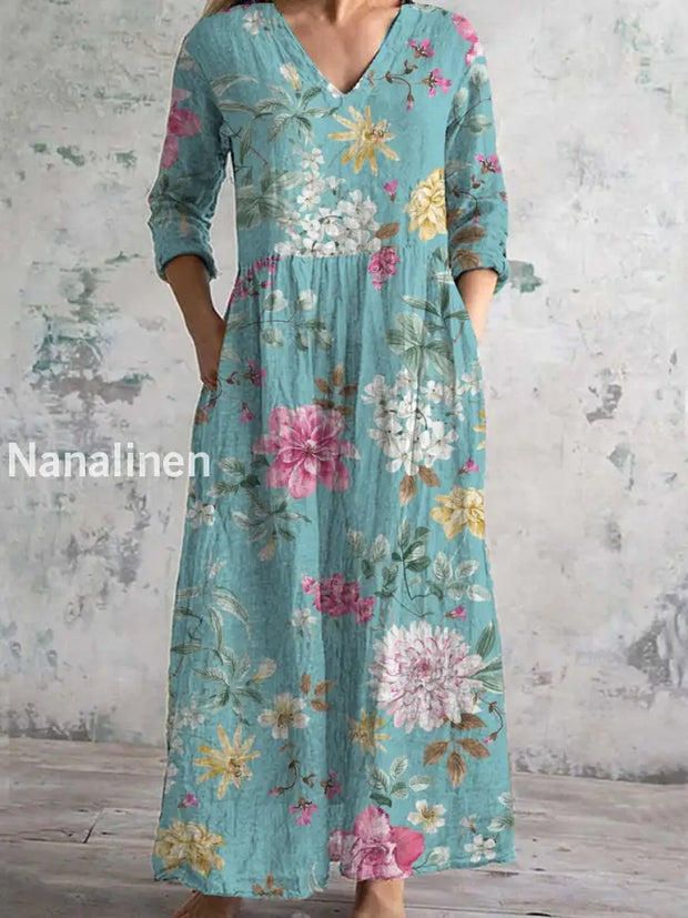 Women’s Fashion Elegant Artistic Floral Print Three Quarter Sleeves V Neck Maxi Dress A / S