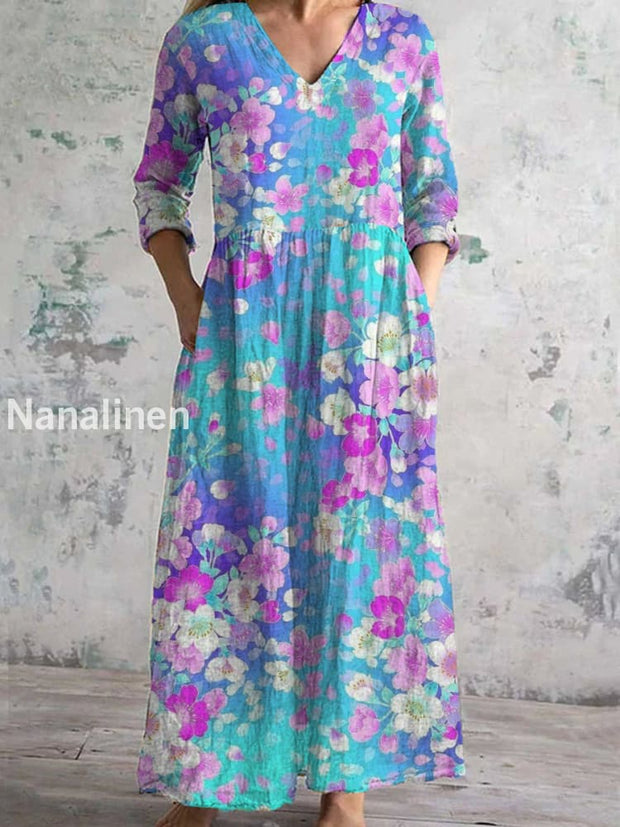 Women’s Fashion Elegant Artistic Floral Print Three Quarter Sleeves V Neck Maxi Dress A / S