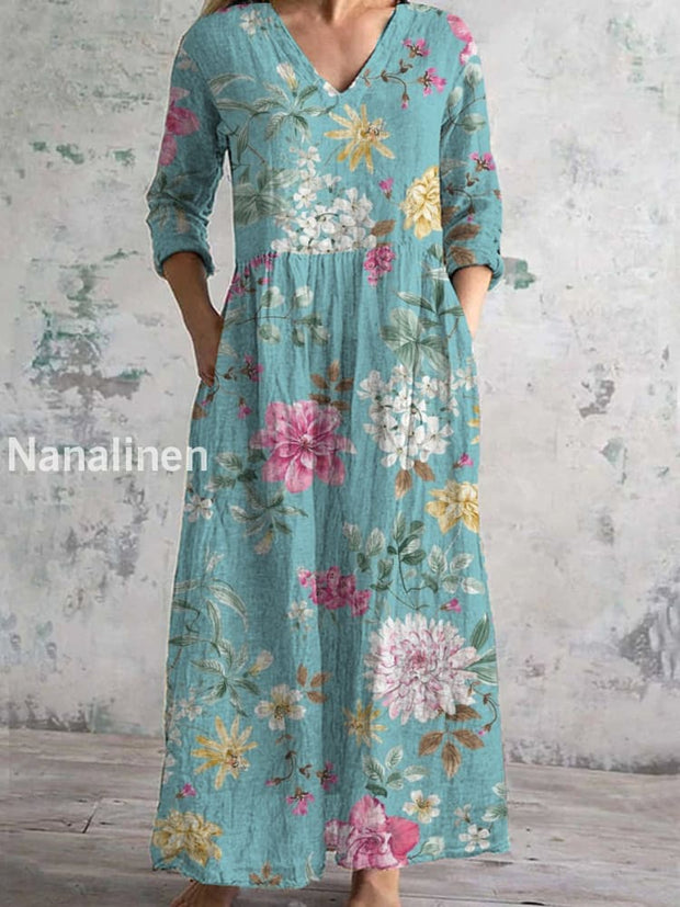 Women’s Fashion Elegant Artistic Floral Print Three Quarter Sleeves V Neck Maxi Dress A / S