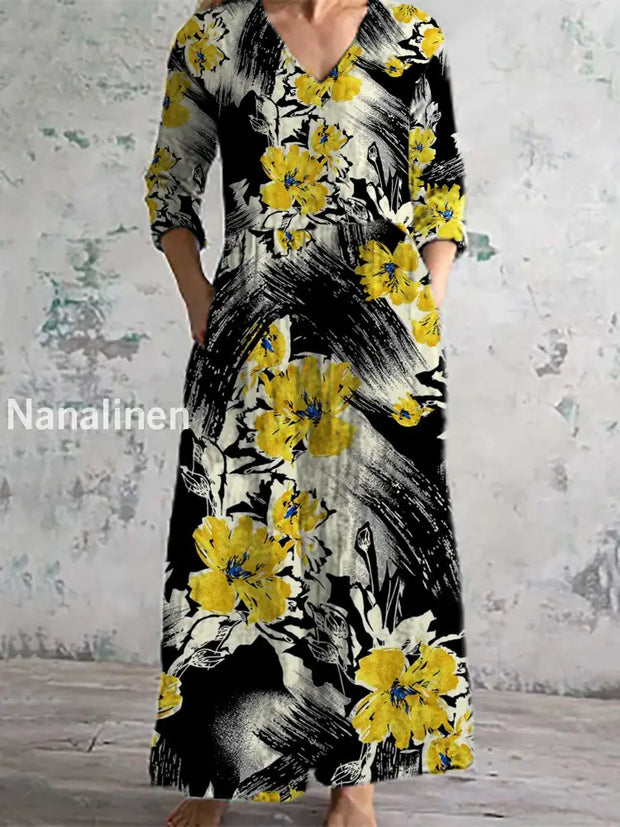 Women’s Fashion Elegant Artistic Floral Print Three Quarter Sleeves V Neck Maxi Dress A / S