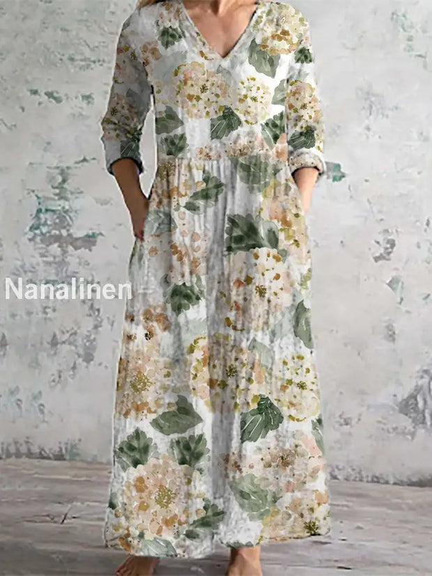 Women’s Fashion Elegant Artistic Floral Print Three Quarter Sleeves V Neck Maxi Dress A / S