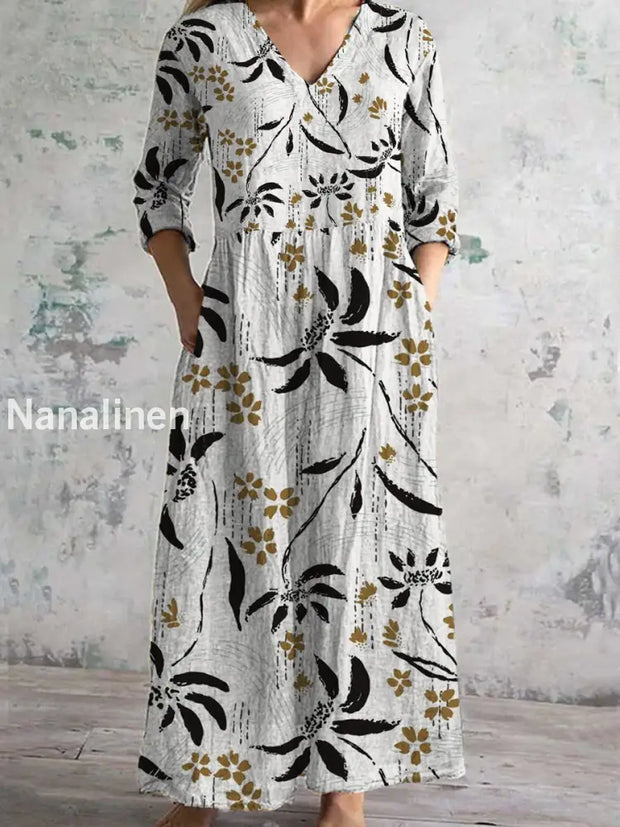 Women’s Fashion Elegant Artistic Floral Print Three Quarter Sleeves V Neck Maxi Dress A / S