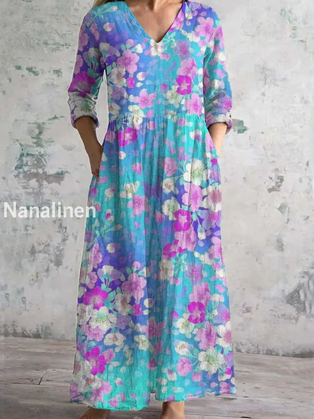 Women’s Fashion Elegant Artistic Floral Print Three Quarter Sleeves V Neck Maxi Dress A / S