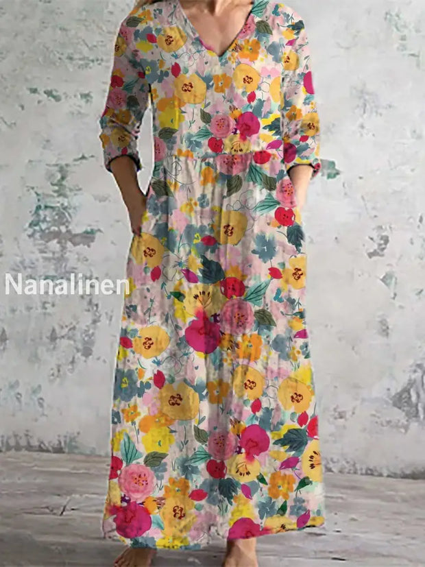 Women’s Fashion Elegant Artistic Floral Print Three Quarter Sleeves V Neck Maxi Dress A / S