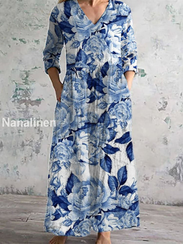 Women’s Fashion Elegant Artistic Floral Print Three Quarter Sleeves V Neck Maxi Dress A / S