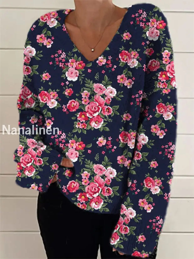 Women’s Fashion Elegant Artistic Floral Print V-Neck Long Sleeve Knitted Sweater A / S