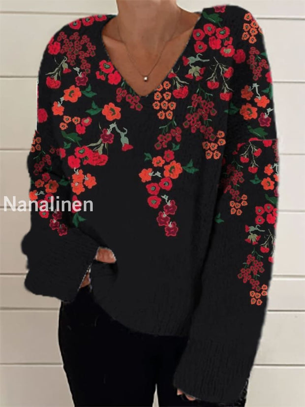 Women’s Fashion Elegant Artistic Floral Print V-Neck Long Sleeve Knitted Sweater A / S