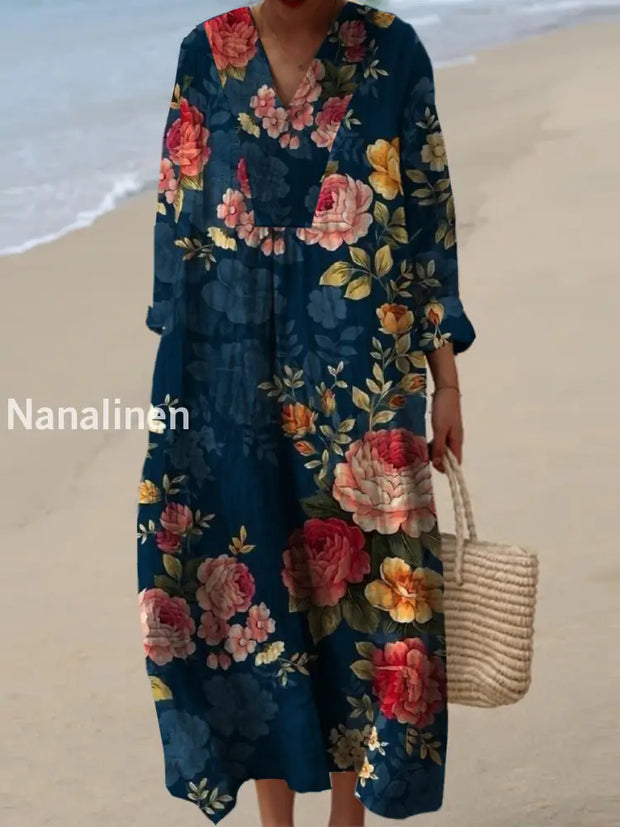 Women’s Fashion Elegant Artistic Floral Print V-Neck Long Sleeve Loose Maxi Dress A / S