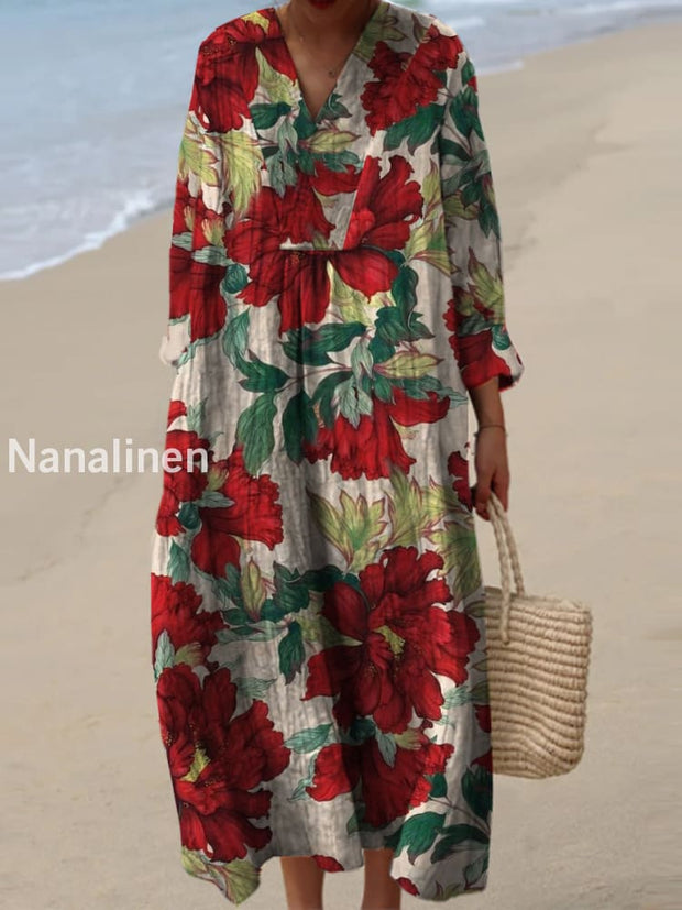 Women’s Fashion Elegant Artistic Floral Print V-Neck Long Sleeve Maxi Dress A / S