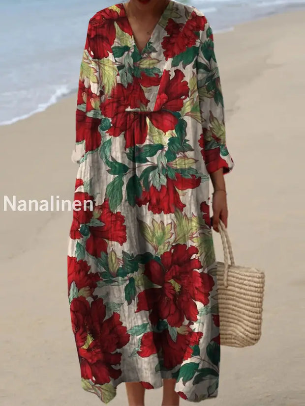 Women’s Fashion Elegant Artistic Floral Print V-Neck Long Sleeve Maxi Dress A / S