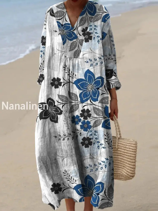 Women’s Fashion Elegant Artistic Floral Print V-Neck Long Sleeve Maxi Dress A / S