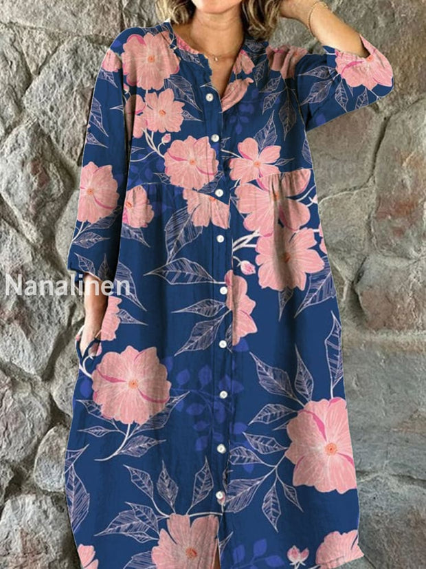 Women’s Fashion Elegant Artistic Floral Print V-Neck Three Quarter Sleeve Button Midi Dress A / S