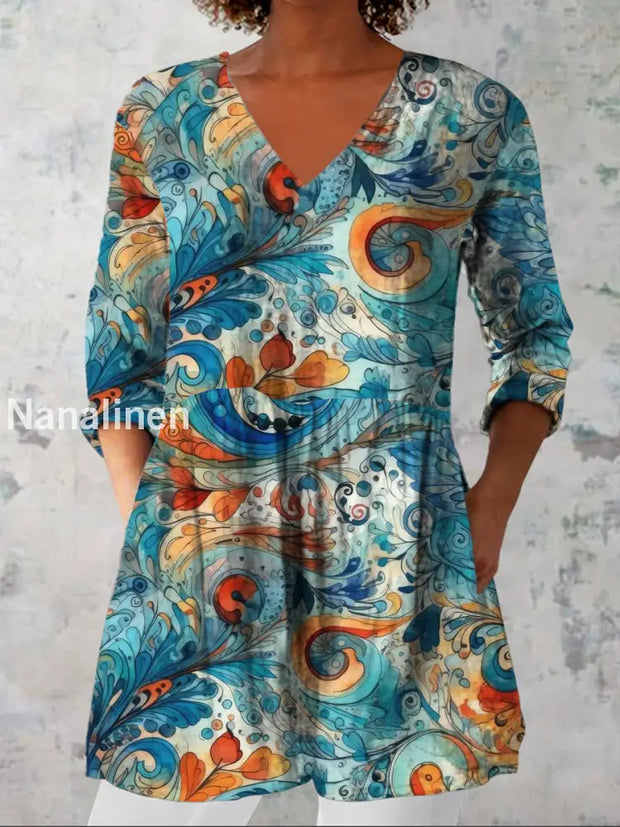 Women’s Fashion Elegant Artistic Floral Print V-Neck Three Quarter Sleeve Top A / S