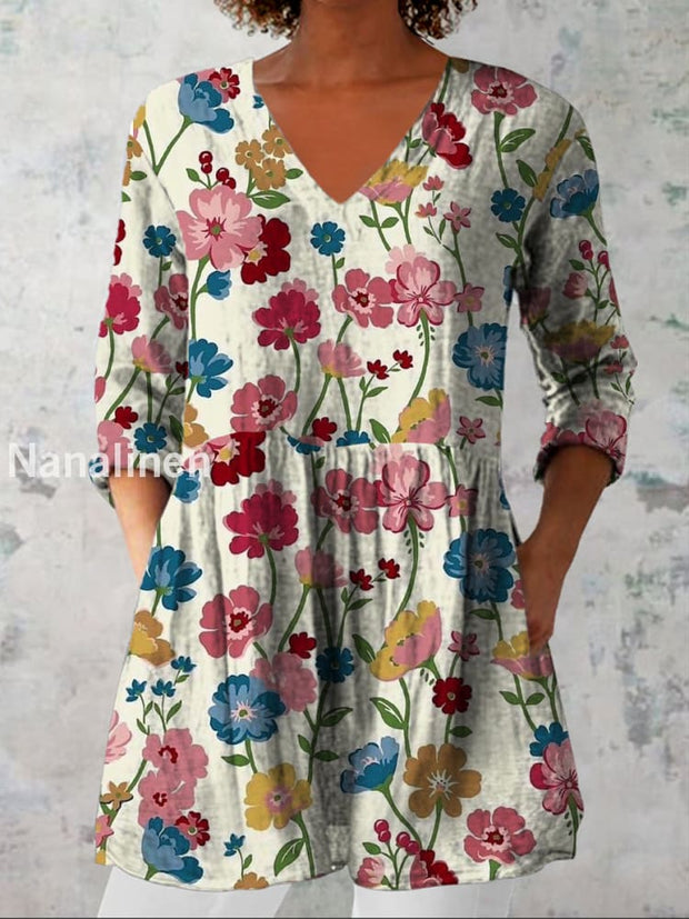 Women’s Fashion Elegant Artistic Floral Print V-Neck Three Quarter Sleeve Top A / S