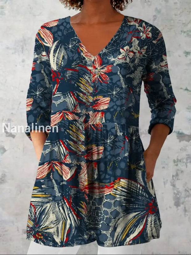 Women’s Fashion Elegant Artistic Floral Print V-Neck Three Quarter Sleeve Top A / S