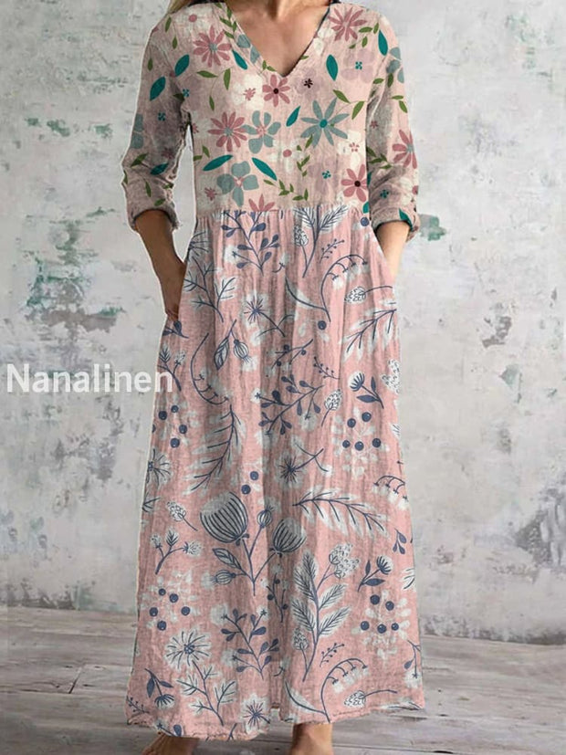 Women’s Fashion Elegant Artistic Floral Print V-Neck Three Quarter Sleeves Long Dress A / S