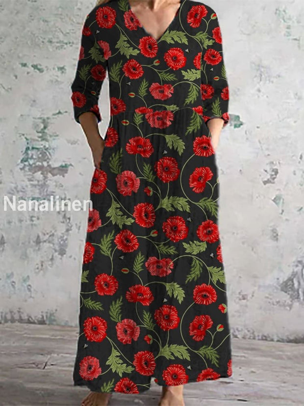 Women’s Fashion Elegant Artistic Floral Print V-Neck Three Quarter Sleeves Long Dress A / S