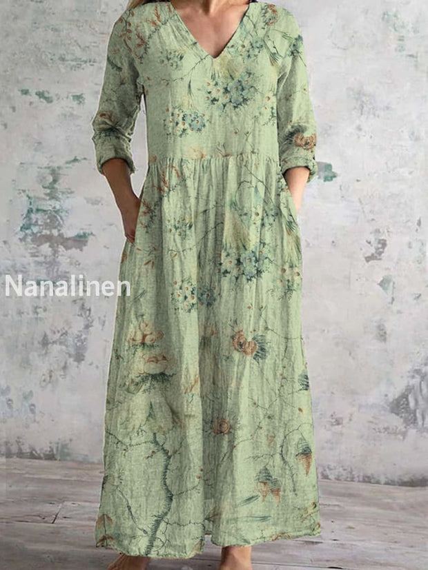 Women’s Fashion Elegant Artistic Floral Print V-Neck Three Quarter Sleeves Long Dress A / S