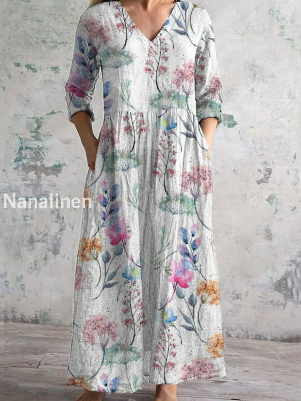 Women’s Fashion Elegant Artistic Floral Print V-Neck Three Quarter Sleeves Long Dress A / S