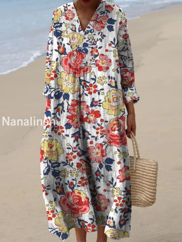 Women’s Fashion Elegant Artistic Floral Print V-Neck Three Quarter Sleeves Maxi Dress A / S