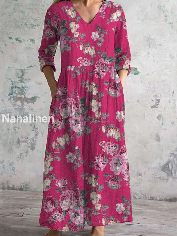 Women’s Fashion Elegant Artistic Floral Print V-Neck Three Quarter Sleeves Maxi Dress A / S