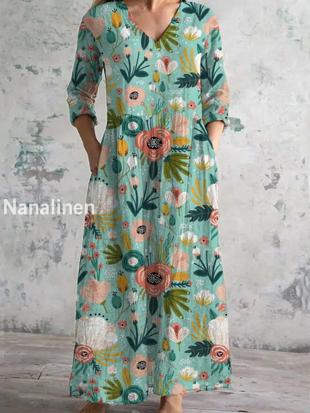 Women’s Fashion Elegant Artistic Floral Print V-Neck Three Quarter Sleeves Maxi Dress A / S